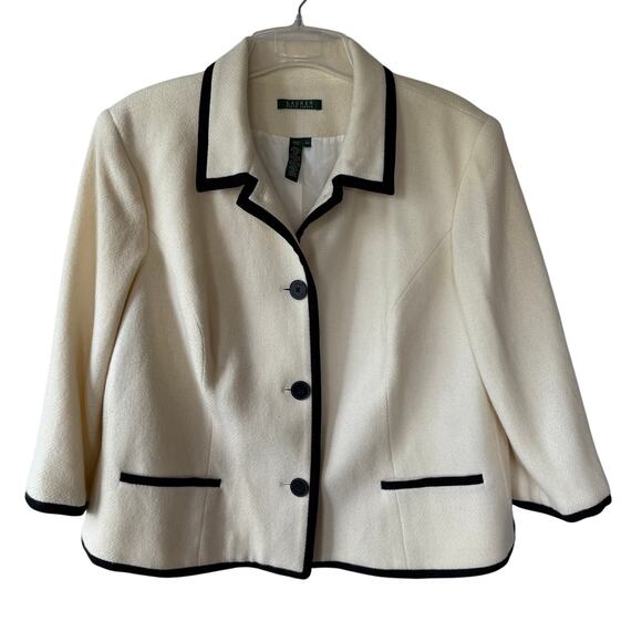 Lauren Ralph Lauren Cream wool blend 3/4 jacket black trim size 20W - Picture 1 of 10